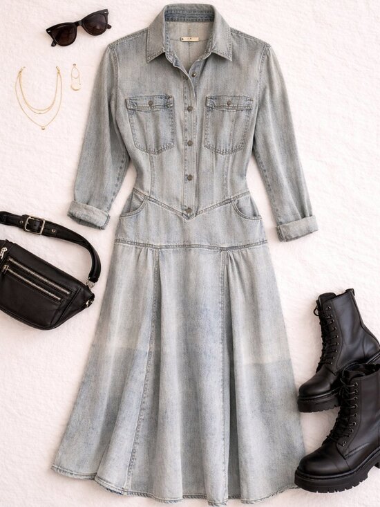 brenner Dresses & Skirts - Brenner Gray Denim Style Button Back Dress Size 14 Vintage Look